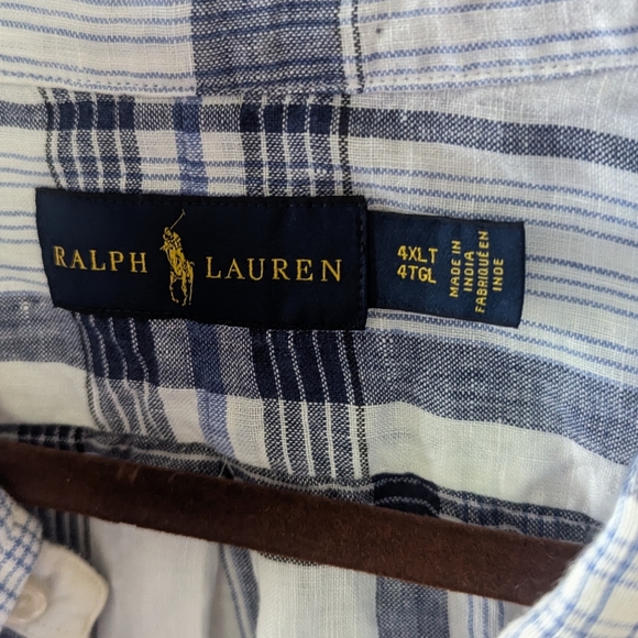 Ralph Lauren Relaxed Fit Linen Shirt 4XLT White Blue Plaid Long Sleeve w Logo 4X - Picture 7 of 7